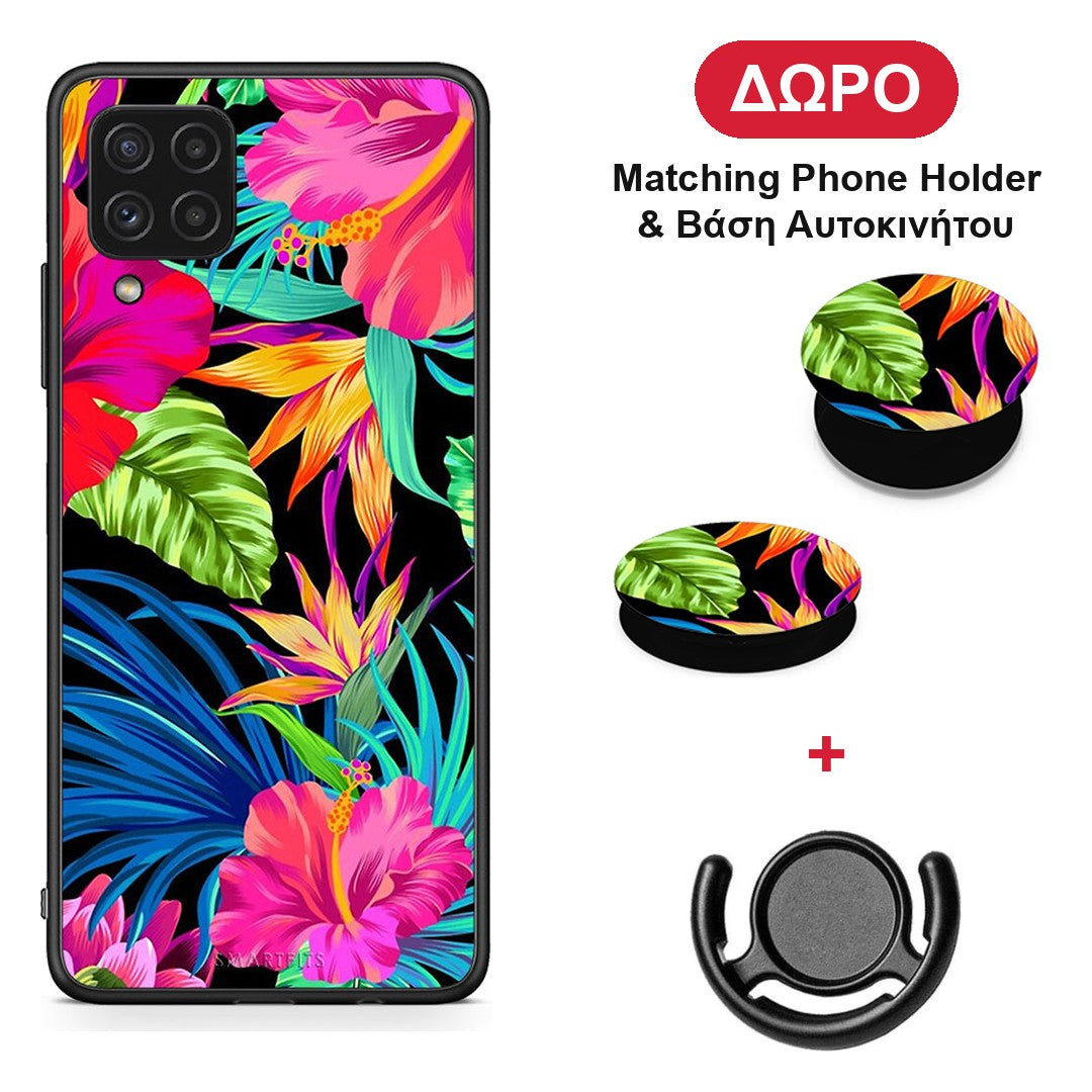 Tropical Flowers - Samsung Galaxy A22 4G θήκη + Δώρο Phone Holder & Βάση Αυτοκινήτου