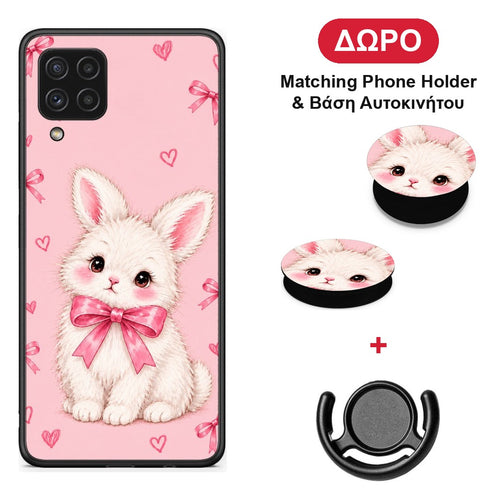 White Bunny and Pink Bows - Samsung Galaxy A22 4G θήκη + Δώρο Phone Holder & Βάση Αυτοκινήτου