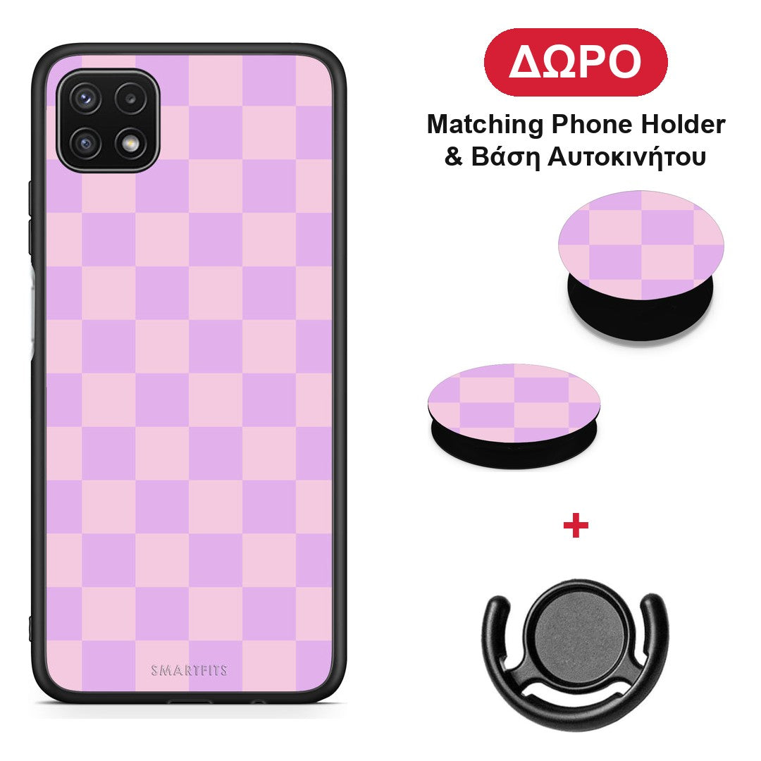 Lavender and Pink Checkerboard - Samsung Galaxy A22 5G θήκη + Δώρο Phone Holder & Βάση Αυτοκινήτου