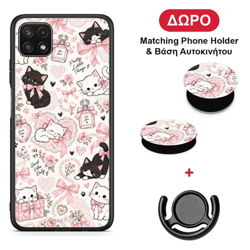 Pink Bows and Kittens Collage - Samsung Galaxy A22 5G θήκη + Δώρο Phone Holder & Βάση Αυτοκινήτου