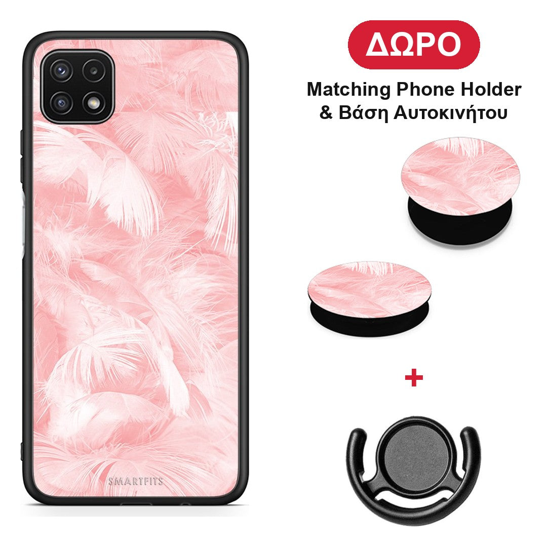 Boho Pink Feather - Samsung Galaxy A22 5G θήκη + Δώρο Phone Holder & Βάση Αυτοκινήτου
