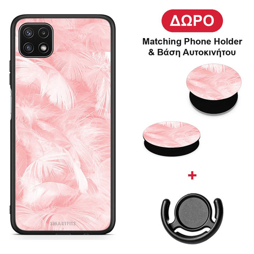 Boho Pink Feather - Samsung Galaxy A22 5G θήκη + Δώρο Phone Holder & Βάση Αυτοκινήτου