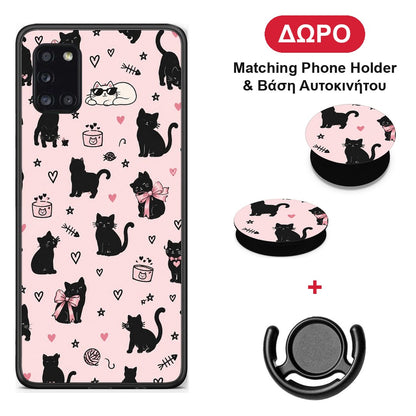 Black Cat Doodles on Pink - Samsung Galaxy A31 θήκη + Δώρο Phone Holder & Βάση Αυτοκινήτου