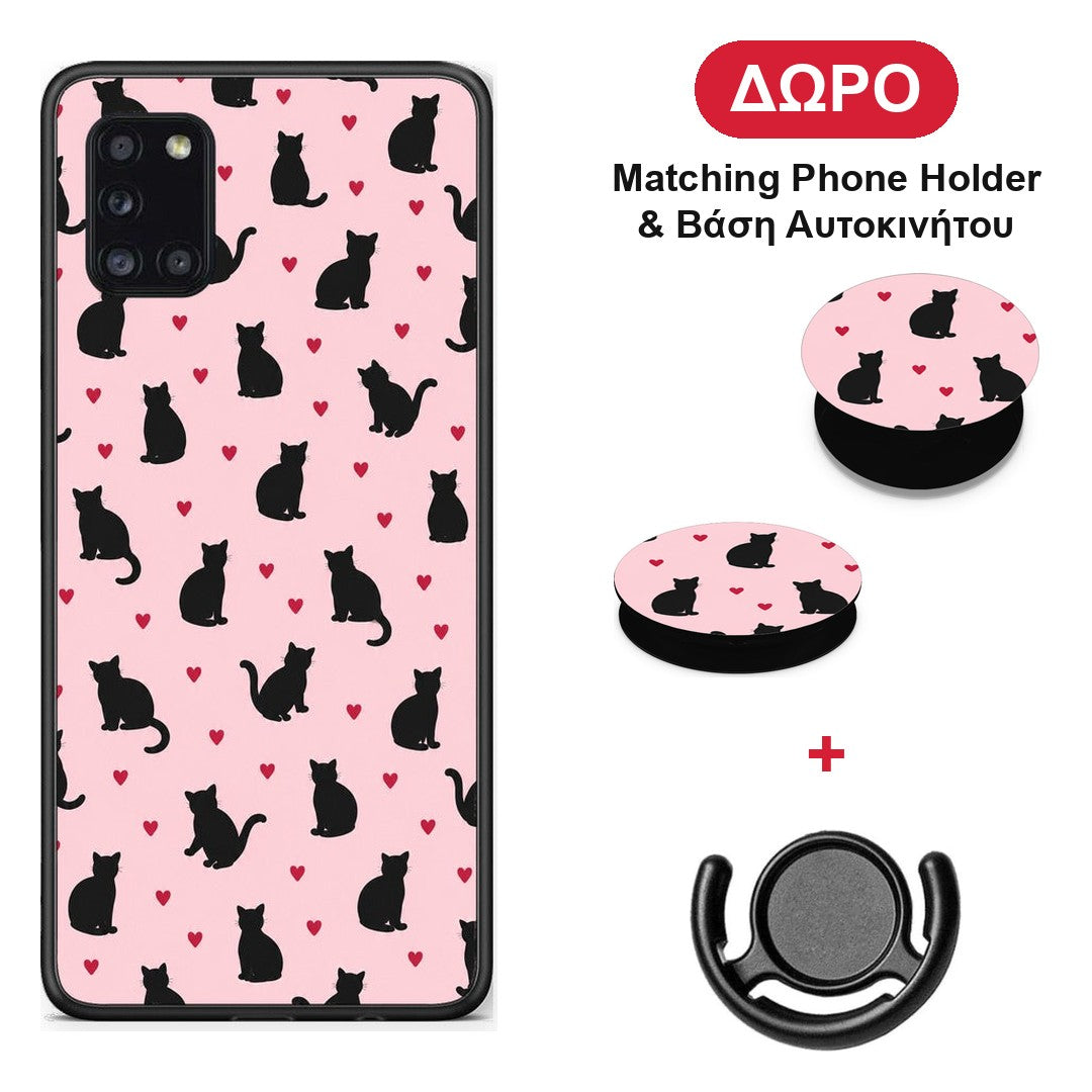 Black Cat Silhouettes and Hearts on Pink - Samsung Galaxy A31 θήκη + Δώρο Phone Holder & Βάση Αυτοκινήτου