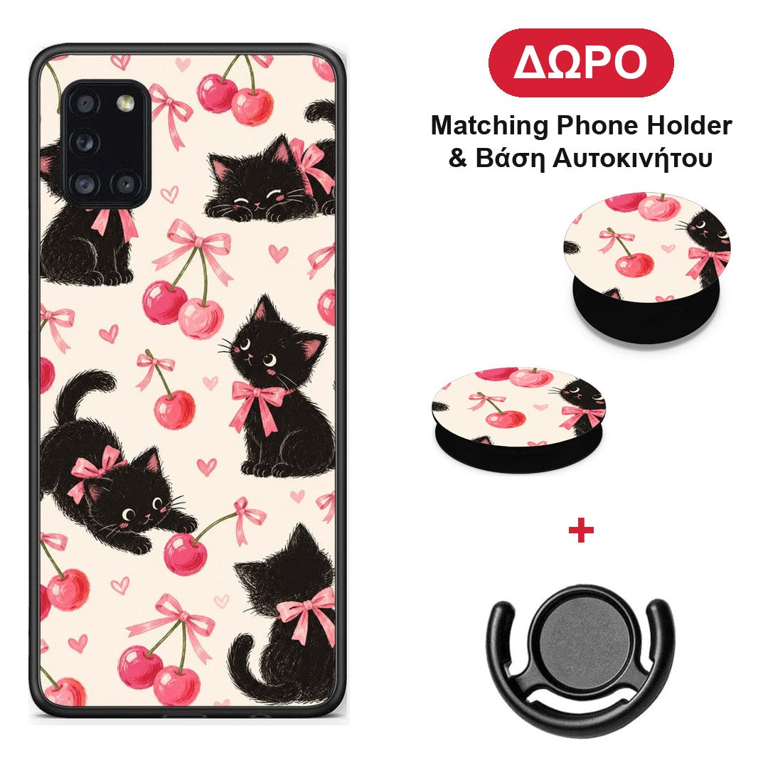 Black Kittens and Cherries on Cream - Samsung Galaxy A31 θήκη + Δώρο Phone Holder & Βάση Αυτοκινήτου