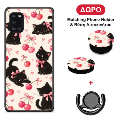 Black Kittens and Cherries on Cream - Samsung Galaxy A31 θήκη + Δώρο Phone Holder & Βάση Αυτοκινήτου