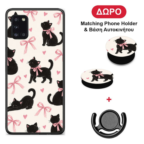 Black Kittens and Pink Bows on Cream Large - Samsung Galaxy A31 θήκη + Δώρο Phone Holder & Βάση Αυτοκινήτου
