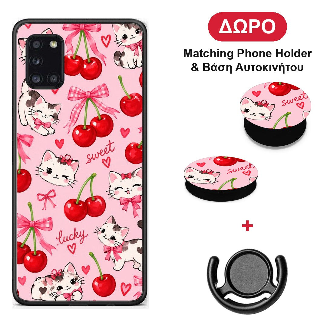 Cherries Bows and Kittens on Pink - Samsung Galaxy A31 θήκη + Δώρο Phone Holder & Βάση Αυτοκινήτου