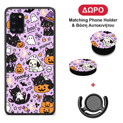Halloween Black Cats on Lilac - Samsung Galaxy A31 θήκη + Δώρο Phone Holder & Βάση Αυτοκινήτου