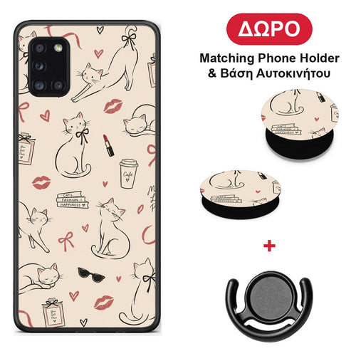 Minimal Cat and Fashion Doodles on Cream - Samsung Galaxy A31 θήκη + Δώρο Phone Holder & Βάση Αυτοκινήτου