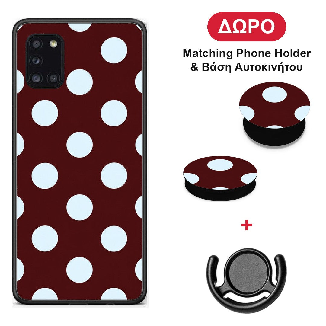 Pale Blue Large Polka Dots on Burgundy - Samsung Galaxy A31 θήκη + Δώρο Phone Holder & Βάση Αυτοκινήτου