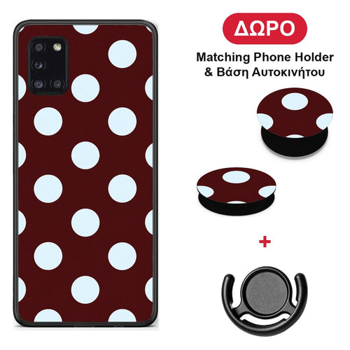 Pale Blue Large Polka Dots on Burgundy - Samsung Galaxy A31 θήκη + Δώρο Phone Holder & Βάση Αυτοκινήτου