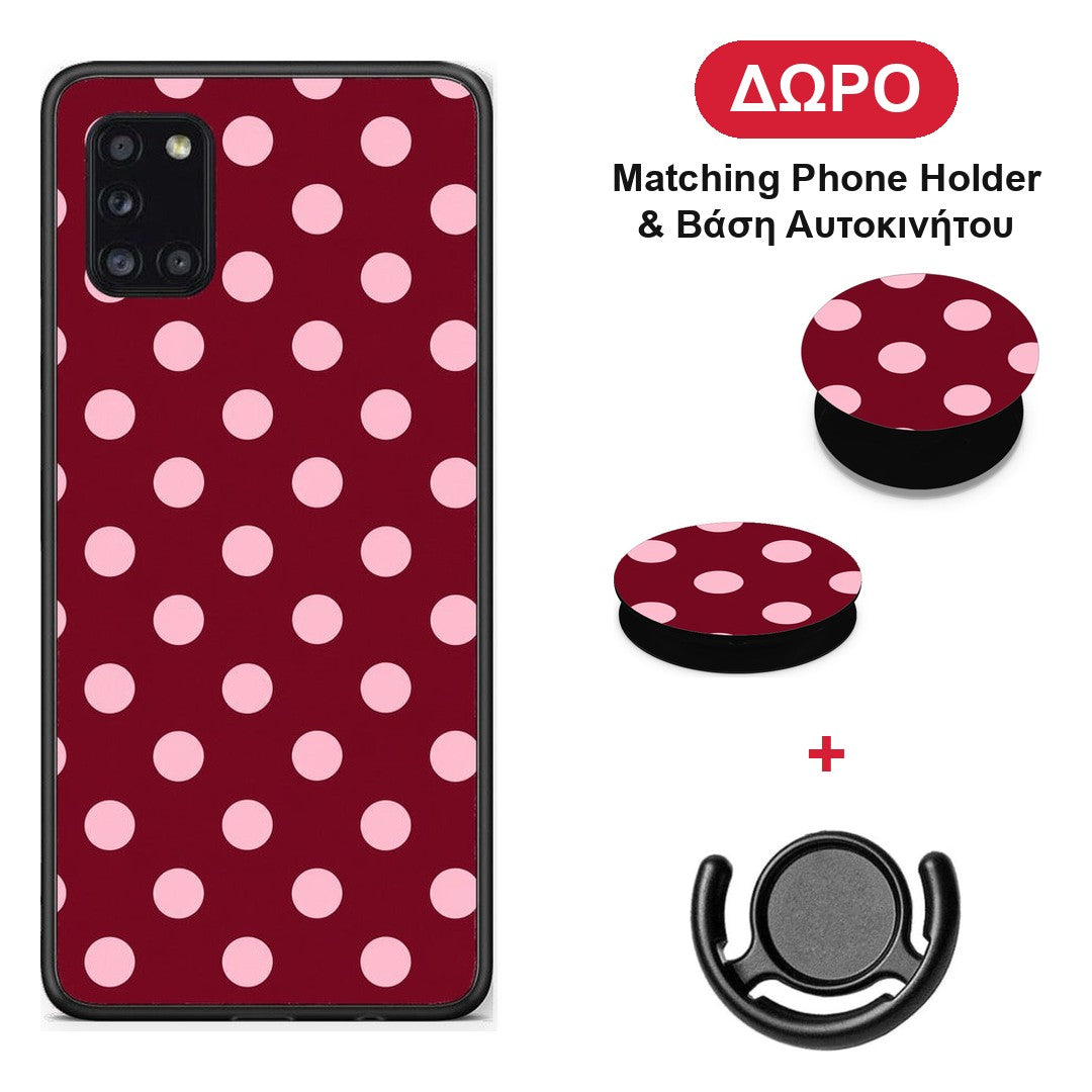 Pink Polka Dots on Burgundy - Samsung Galaxy A31 θήκη + Δώρο Phone Holder & Βάση Αυτοκινήτου