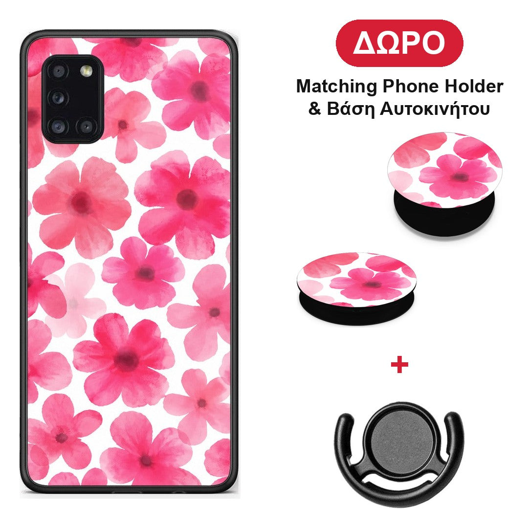 Pink Watercolour Flowers on White - Samsung Galaxy A31 θήκη + Δώρο Phone Holder & Βάση Αυτοκινήτου
