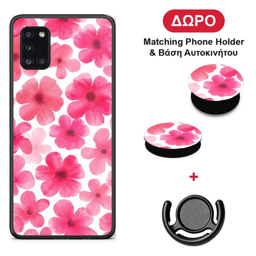 Pink Watercolour Flowers on White - Samsung Galaxy A31 θήκη + Δώρο Phone Holder & Βάση Αυτοκινήτου