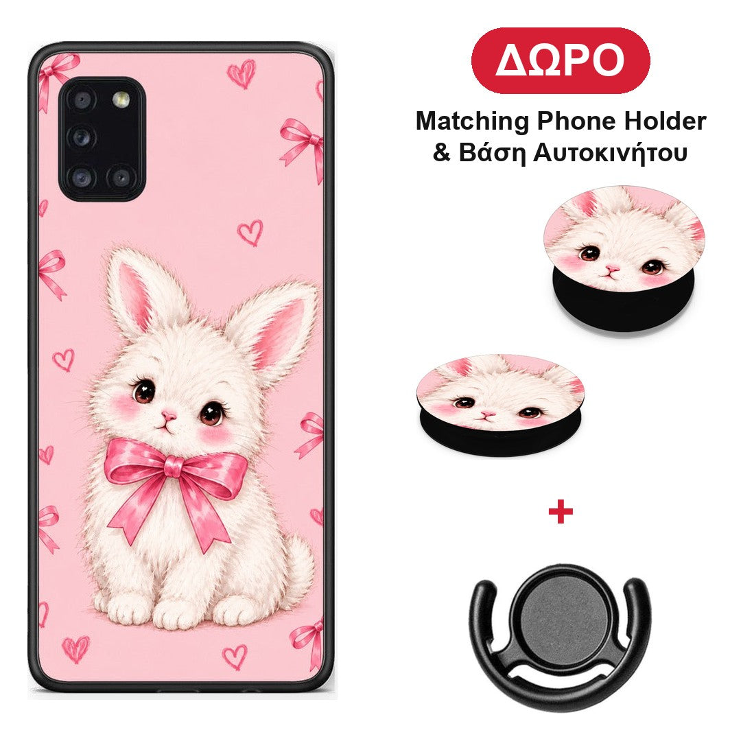 White Bunny and Pink Bows - Samsung Galaxy A31 θήκη + Δώρο Phone Holder & Βάση Αυτοκινήτου