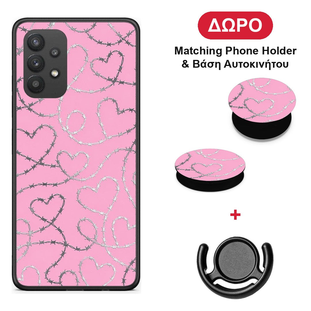 Barbed Wire Hearts on Pink - Samsung Galaxy A32 4G θήκη + Δώρο Phone Holder & Βάση Αυτοκινήτου