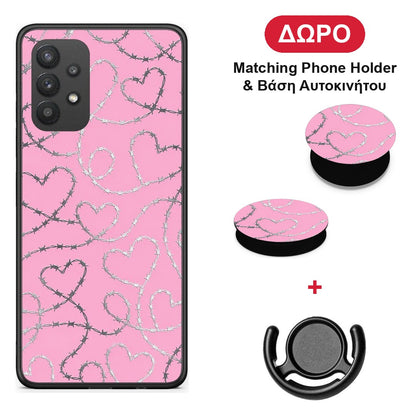Barbed Wire Hearts on Pink - Samsung Galaxy A32 4G θήκη + Δώρο Phone Holder & Βάση Αυτοκινήτου