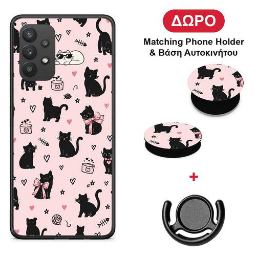 Black Cat Doodles on Pink - Samsung Galaxy A32 4G θήκη + Δώρο Phone Holder & Βάση Αυτοκινήτου