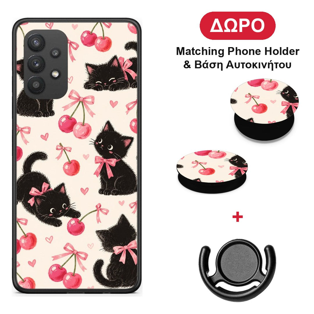 Black Kittens and Cherries on Cream - Samsung Galaxy A32 4G θήκη + Δώρο Phone Holder & Βάση Αυτοκινήτου
