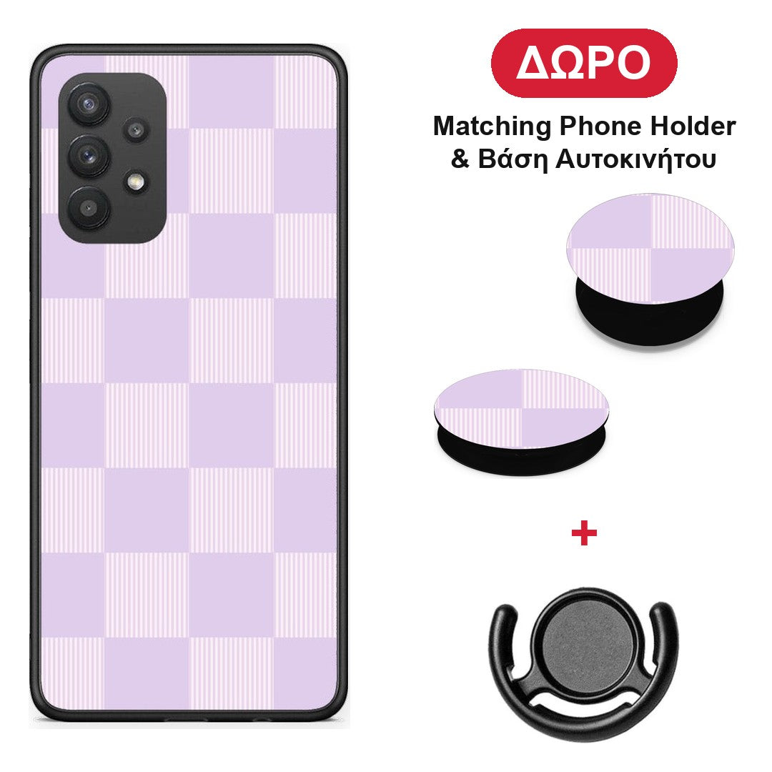 Lilac and Cream Striped Checks - Samsung Galaxy A32 4G θήκη + Δώρο Phone Holder & Βάση Αυτοκινήτου