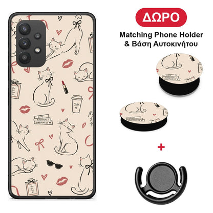 Minimal Cat and Fashion Doodles on Cream - Samsung Galaxy A32 4G θήκη + Δώρο Phone Holder & Βάση Αυτοκινήτου