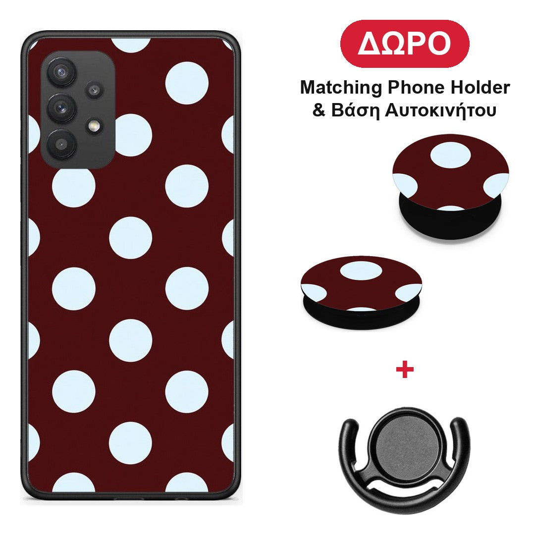 Pale Blue Large Polka Dots on Burgundy - Samsung Galaxy A32 4G θήκη + Δώρο Phone Holder & Βάση Αυτοκινήτου