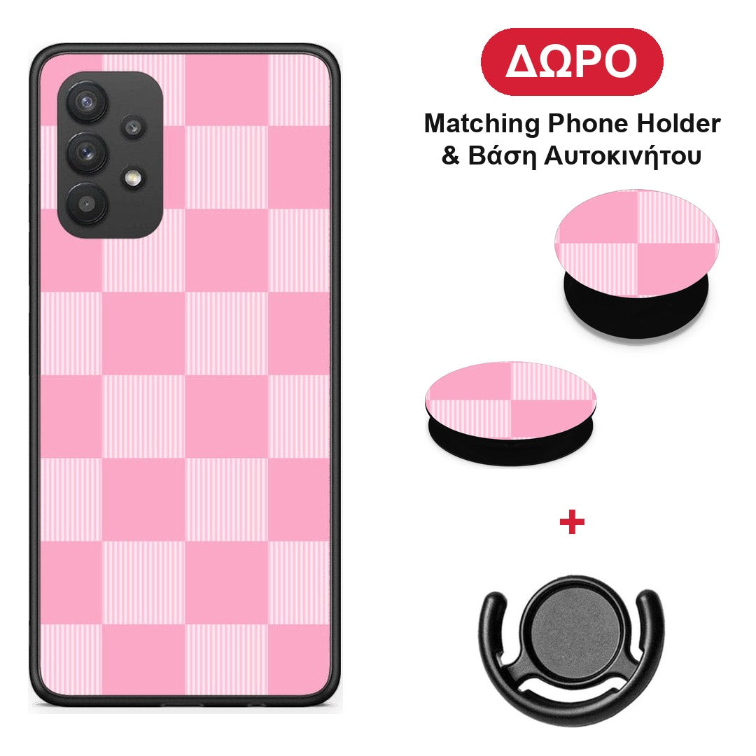Pink and White Striped Checks - Samsung Galaxy A32 4G θήκη + Δώρο Phone Holder & Βάση Αυτοκινήτου