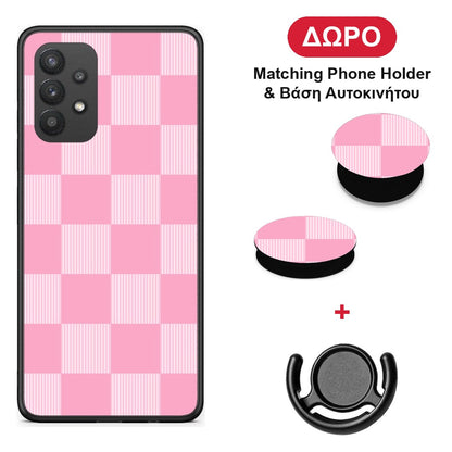 Pink and White Striped Checks - Samsung Galaxy A32 4G θήκη + Δώρο Phone Holder & Βάση Αυτοκινήτου