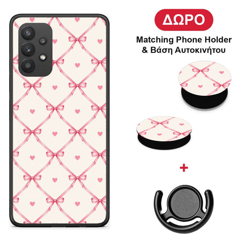 Pink Bow Lattice and Hearts on Cream - Samsung Galaxy A32 4G θήκη + Δώρο Phone Holder & Βάση Αυτοκινήτου