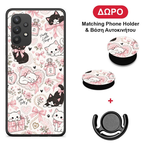 Pink Bows and Kittens Collage - Samsung Galaxy A32 4G θήκη + Δώρο Phone Holder & Βάση Αυτοκινήτου