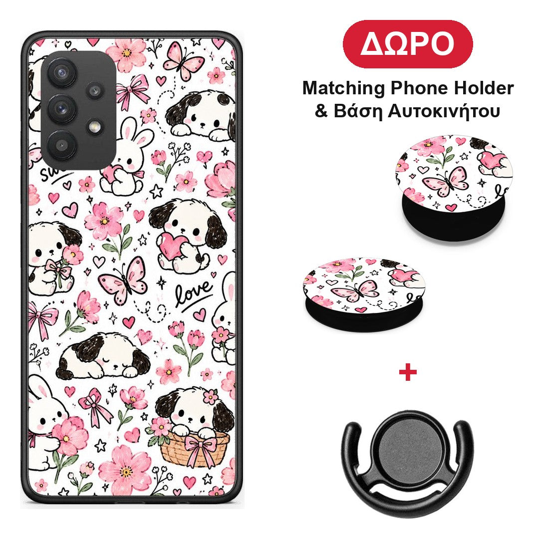 Pink Florals Puppies and Bunnies on White - Samsung Galaxy A32 4G θήκη + Δώρο Phone Holder & Βάση Αυτοκινήτου