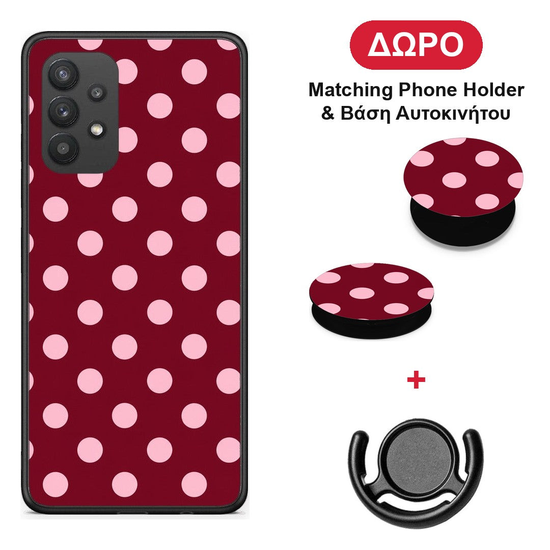 Pink Polka Dots on Burgundy - Samsung Galaxy A32 4G θήκη + Δώρο Phone Holder & Βάση Αυτοκινήτου