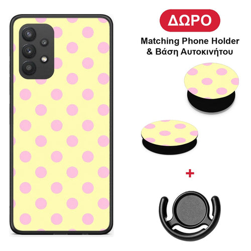Pink Polka Dots on Yellow - Samsung Galaxy A32 4G θήκη + Δώρο Phone Holder & Βάση Αυτοκινήτου