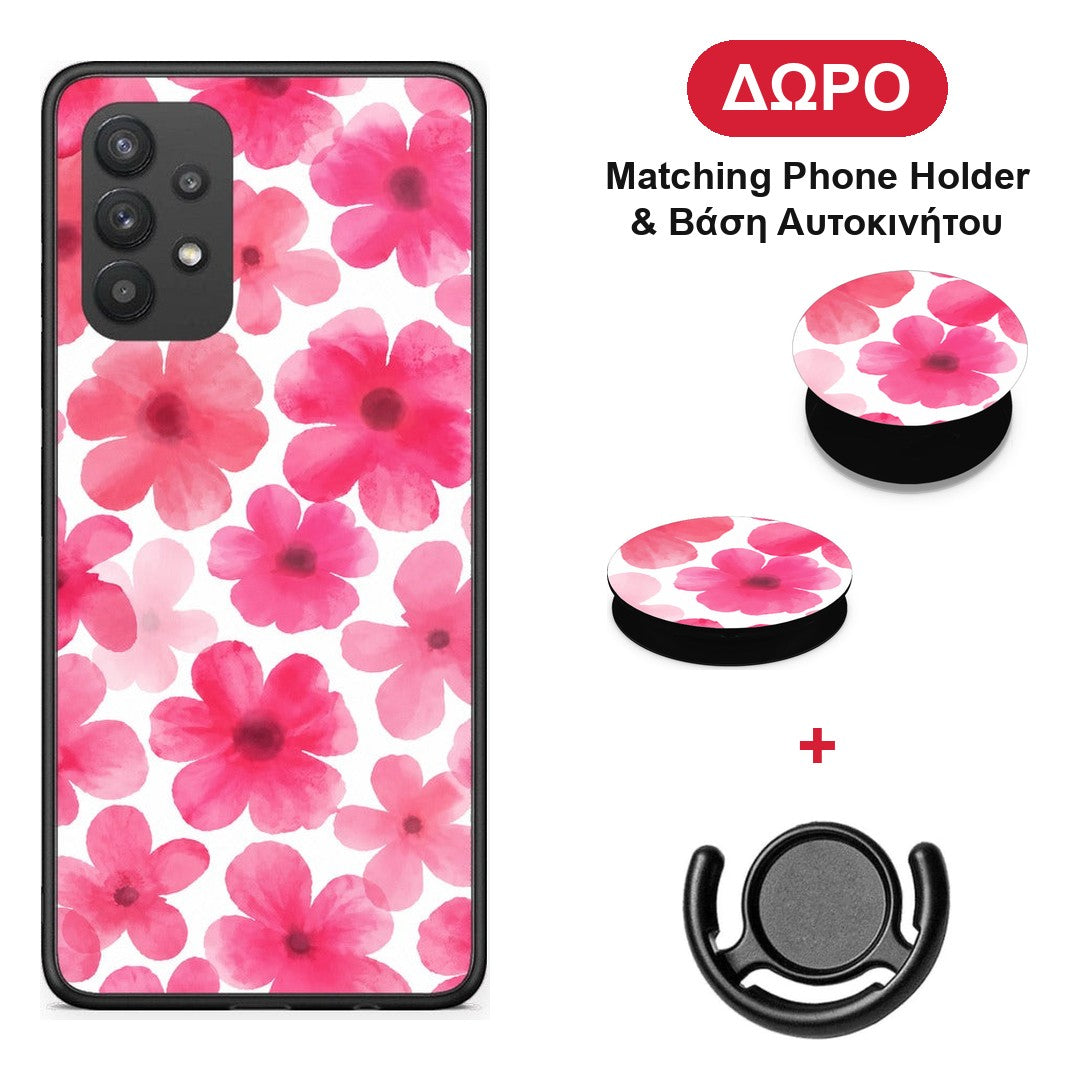 Pink Watercolour Flowers on White - Samsung Galaxy A32 4G θήκη + Δώρο Phone Holder & Βάση Αυτοκινήτου