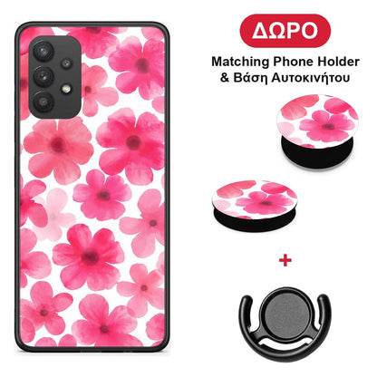Pink Watercolour Flowers on White - Samsung Galaxy A32 4G θήκη + Δώρο Phone Holder & Βάση Αυτοκινήτου