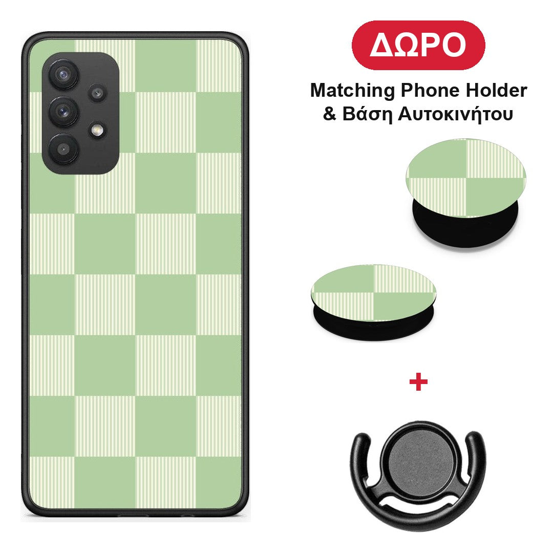 Sage and Cream Striped Checks - Samsung Galaxy A32 4G θήκη + Δώρο Phone Holder & Βάση Αυτοκινήτου