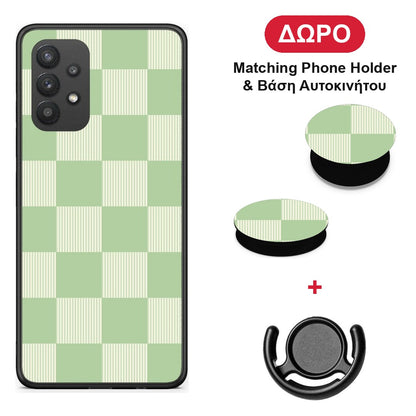 Sage and Cream Striped Checks - Samsung Galaxy A32 4G θήκη + Δώρο Phone Holder & Βάση Αυτοκινήτου