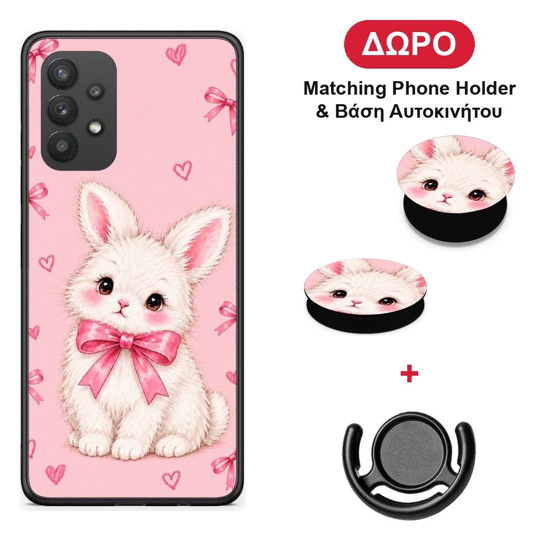 White Bunny and Pink Bows - Samsung Galaxy A32 4G θήκη + Δώρο Phone Holder & Βάση Αυτοκινήτου