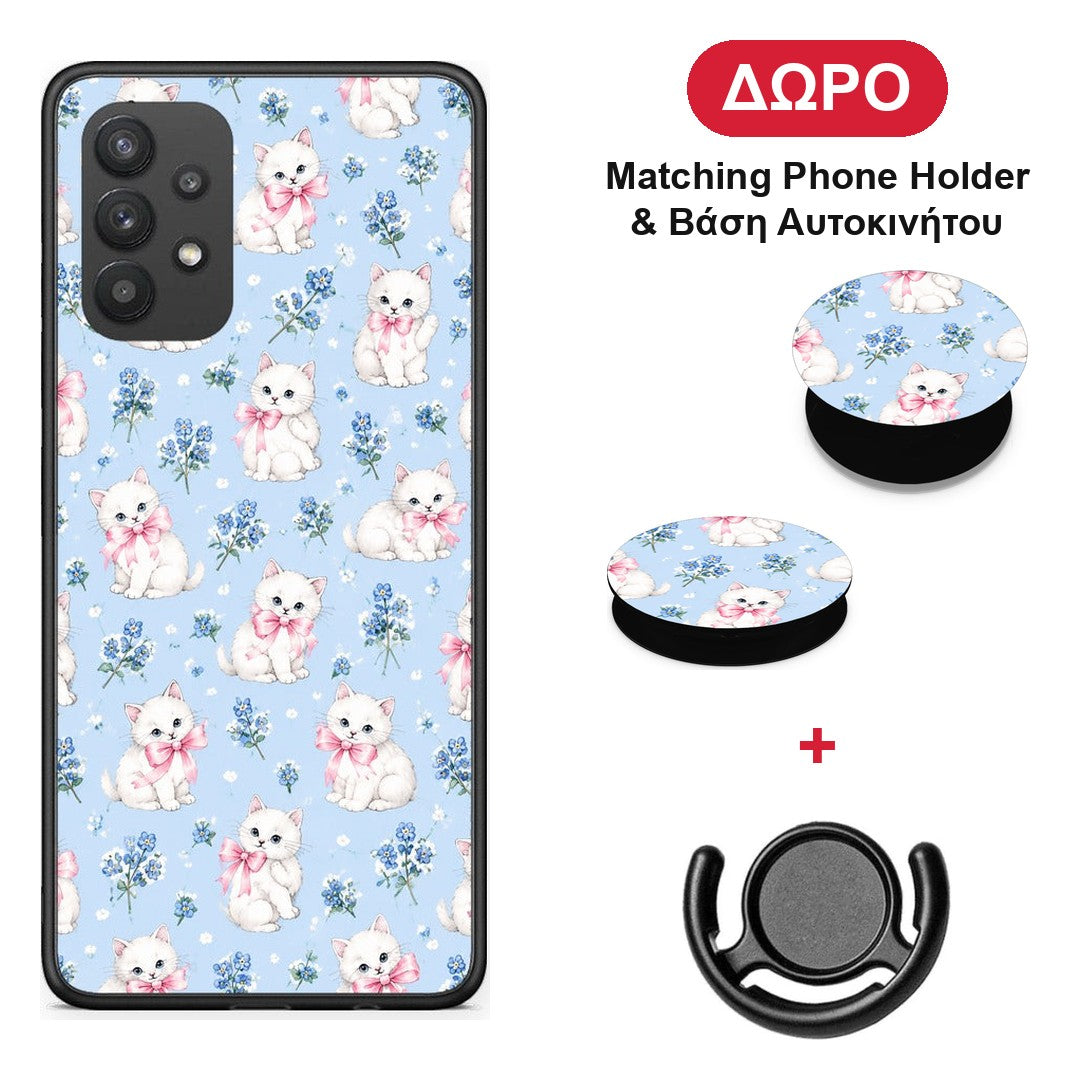 White Kittens and Blue Flowers Small - Samsung Galaxy A32 4G θήκη + Δώρο Phone Holder & Βάση Αυτοκινήτου