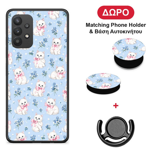 White Kittens and Blue Flowers Small - Samsung Galaxy A32 4G θήκη + Δώρο Phone Holder & Βάση Αυτοκινήτου