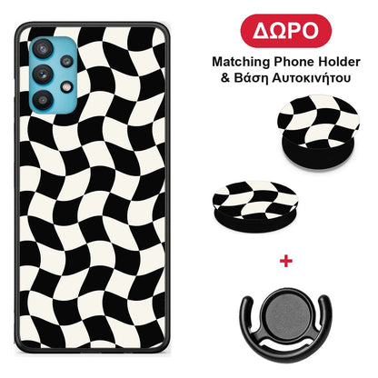 Black and Cream Wavy Checkerboard - Samsung Galaxy A32 5G θήκη + Δώρο Phone Holder & Βάση Αυτοκινήτου