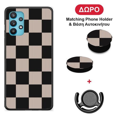 Black and Taupe Striped Checks - Samsung Galaxy A32 5G θήκη + Δώρο Phone Holder & Βάση Αυτοκινήτου
