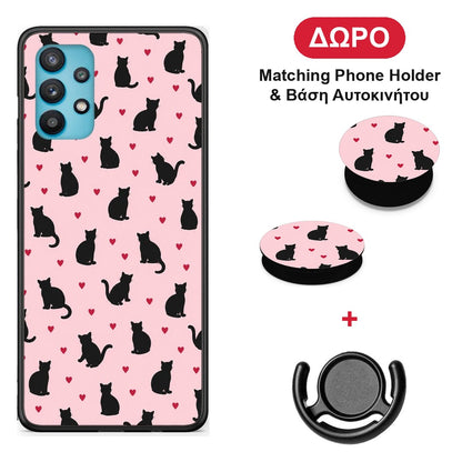 Black Cat Silhouettes and Hearts on Pink - Samsung Galaxy A32 5G θήκη + Δώρο Phone Holder & Βάση Αυτοκινήτου
