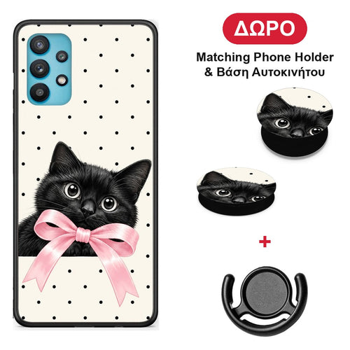 Black Kitten Pink Bow and Polka Dots - Samsung Galaxy A32 5G θήκη + Δώρο Phone Holder & Βάση Αυτοκινήτου