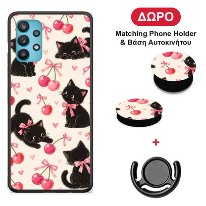 Black Kittens and Cherries on Cream - Samsung Galaxy A32 5G θήκη + Δώρο Phone Holder & Βάση Αυτοκινήτου
