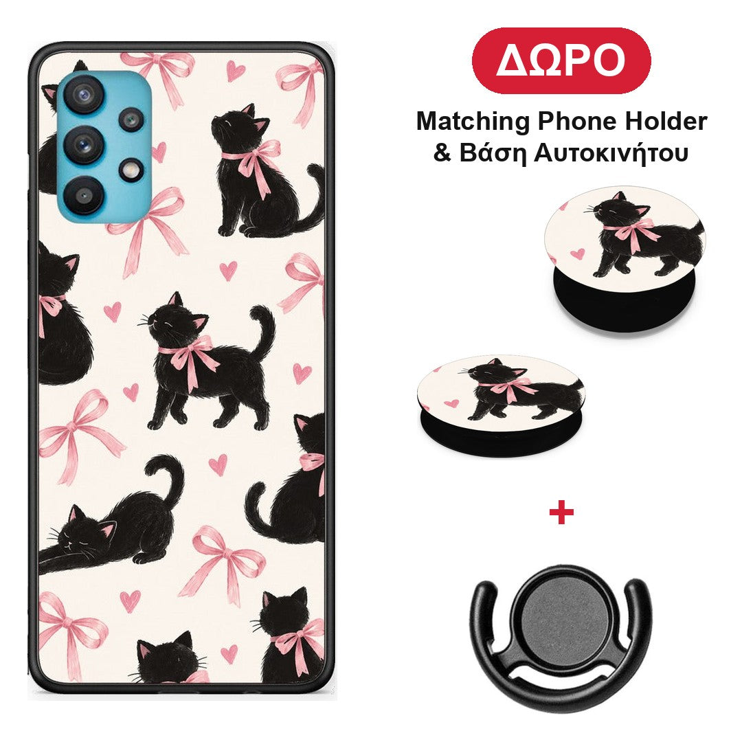 Black Kittens and Pink Bows on Cream Large - Samsung Galaxy A32 5G θήκη + Δώρο Phone Holder & Βάση Αυτοκινήτου