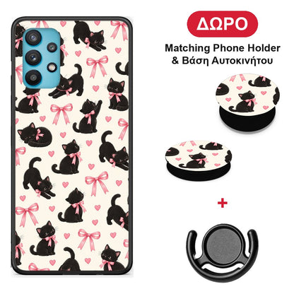 Black Kittens and Pink Bows on Cream Small - Samsung Galaxy A32 5G θήκη + Δώρο Phone Holder & Βάση Αυτοκινήτου