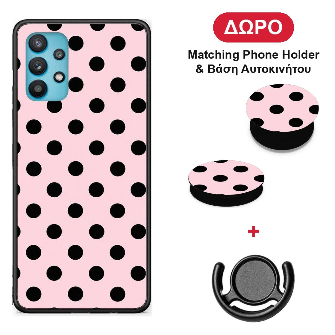 Black Polka Dots on Pink - Samsung Galaxy A32 5G θήκη + Δώρο Phone Holder & Βάση Αυτοκινήτου