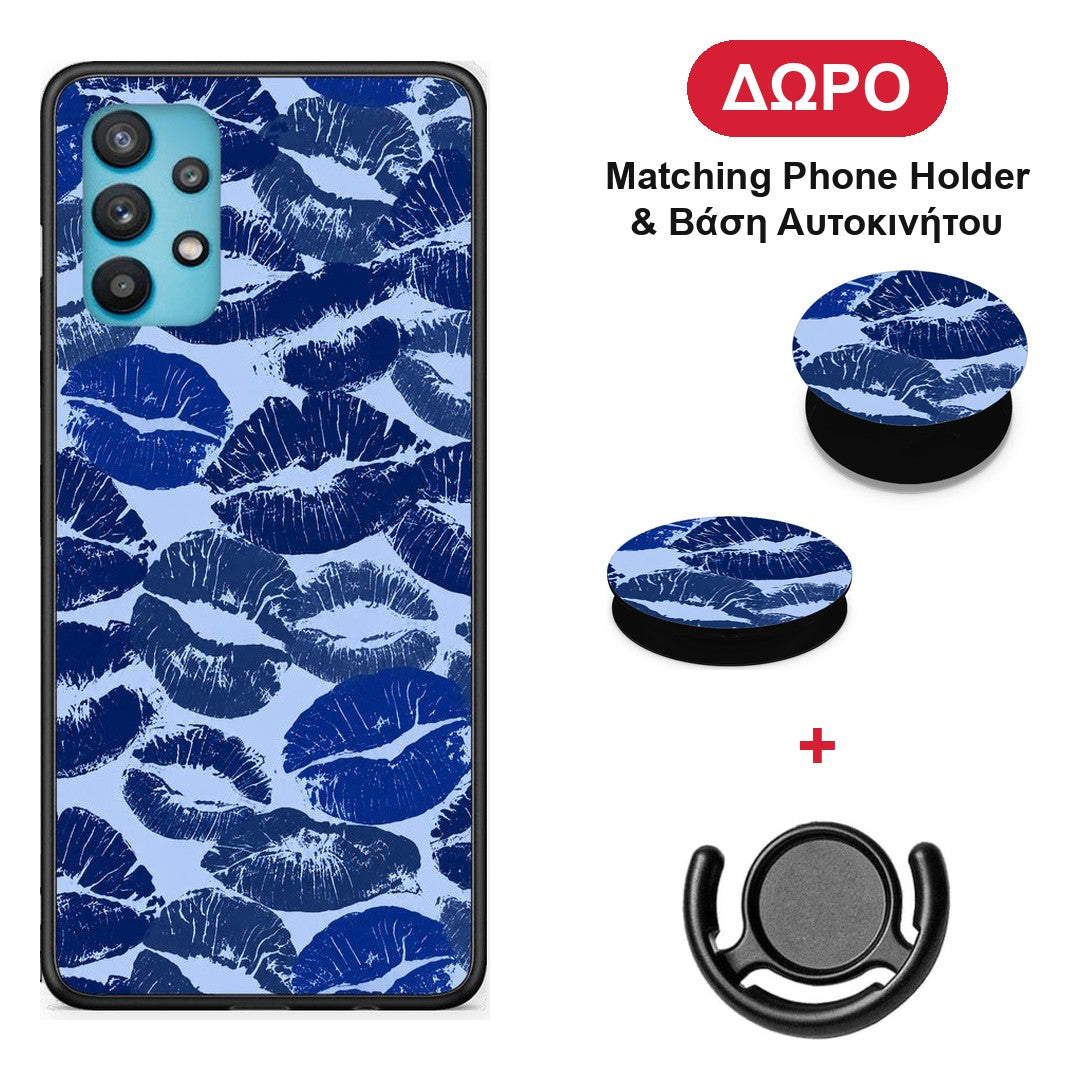Blue Lipstick Kisses - Samsung Galaxy A32 5G θήκη + Δώρο Phone Holder & Βάση Αυτοκινήτου